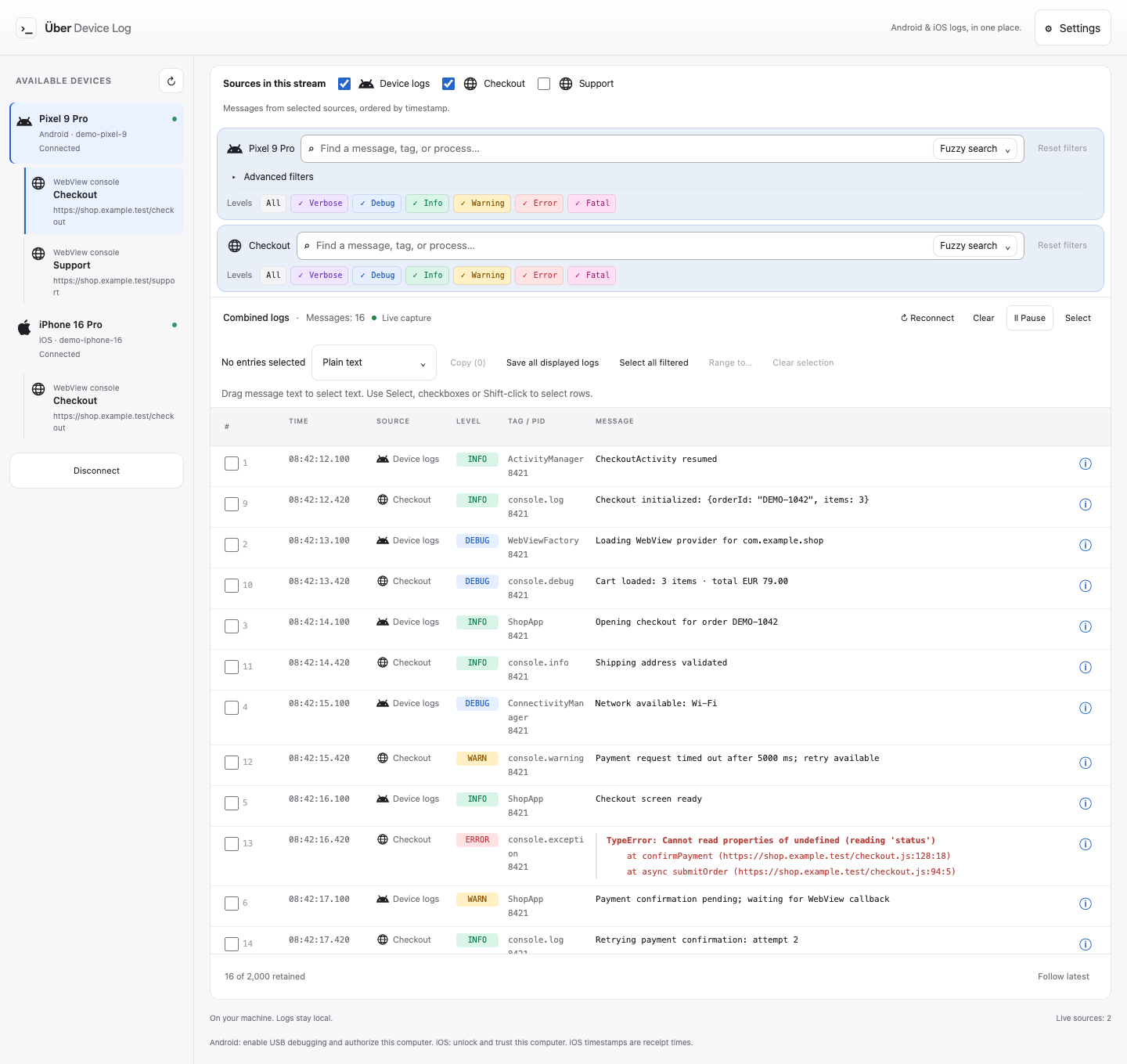 Android Logcat and WebView console messages with independent source filters