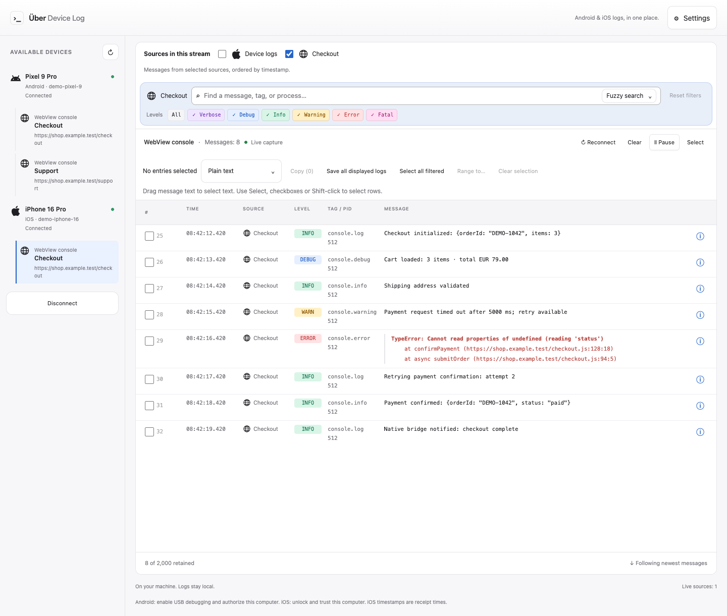 iPhone WebView console with JavaScript messages, warnings and an exception